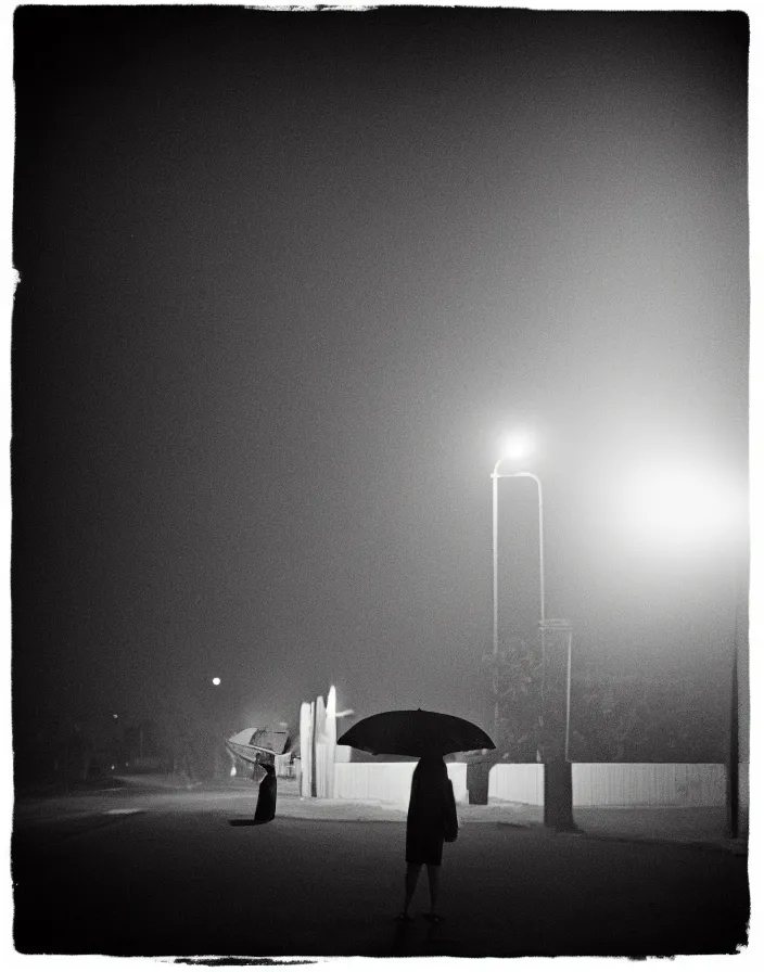 Prompt: “ quiet american neighborhood at night, a woman waiting with a black umbrella, photography in the style of gregory crewdson, mist, rule of thirds ”