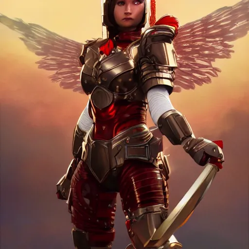 Image similar to picture of fully armored valkyrie, crimson plated, sword and shield, golden wings, divine vibes, light brown hair, white skin, shiny golden eyes, pretty, sky background, sharp focus, highly detailed, cinematic lighting, studio quality, smooth render, unreal engine 5 rendered, octane, rendered, by artgerm, greg rutkowski, alphonse mucha