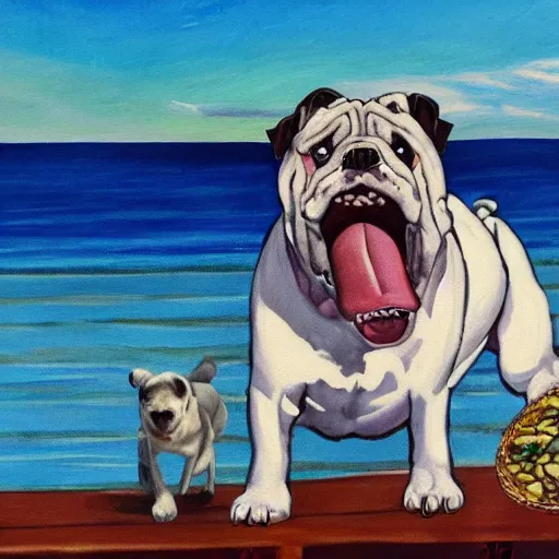 Prompt: painting of a proud bulldog eating salmon and flounder, sea in the background, high details