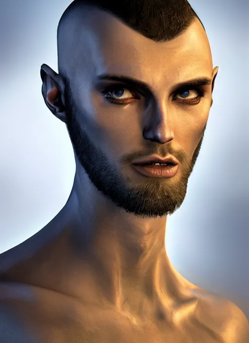 Image similar to buzzcut hair stubble male, aphelios draven, dndbeyond, bright, realistic, dnd character portrait, full body, art by ralph horsley, dnd, rpg, lotr game design fanart by concept art, behance hd, artstation, deviantart, global illumination radiating a glowing aura global illumination ray tracing hdr render in unreal engine 5