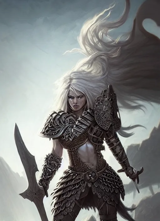 barbarian, plated armor!!! long wild white hair!! | Stable Diffusion