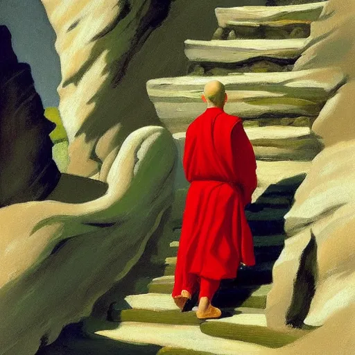 Prompt: sienna portrait of the astute monk crimson and sienna robe ascending the treacherous mountain stairway to the monastery jamie wyeth james gilleard edward hopper oil painting