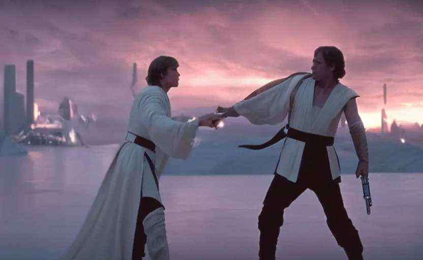 Prompt: iconic wide cinematic screen shot of luke skywalker dueling with a white robed female sith lord, standing with a view of coruscant at sunset, from the thrilling scene from the hbo succession, moody cinematography, foggy pink volumetric lighting, hyper detailed scene, anamorphic lenses 2 4 mm, lens flare, award winning