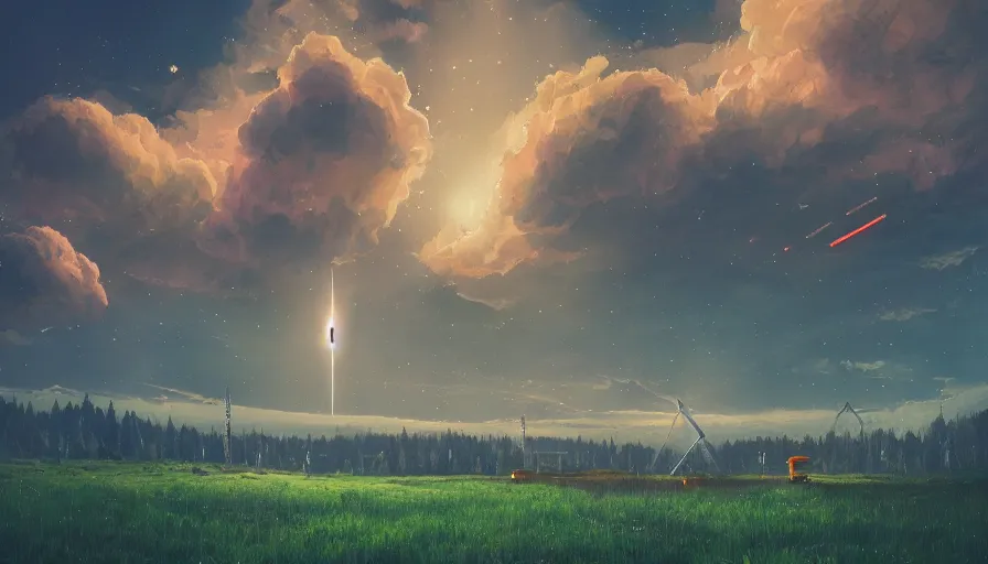 Prompt: starship rocket launch from grassland with trees, bright, colorful clouds, solar eclipse, matte painting, trending on artstation, cyberpunk, epic, simon stalenhag