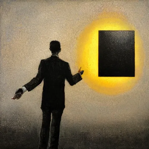 Prompt: A art installation. A rip in spacetime. Did this device in his hand open a portal to another dimension or reality?! bright orange by Ray Donley evocative