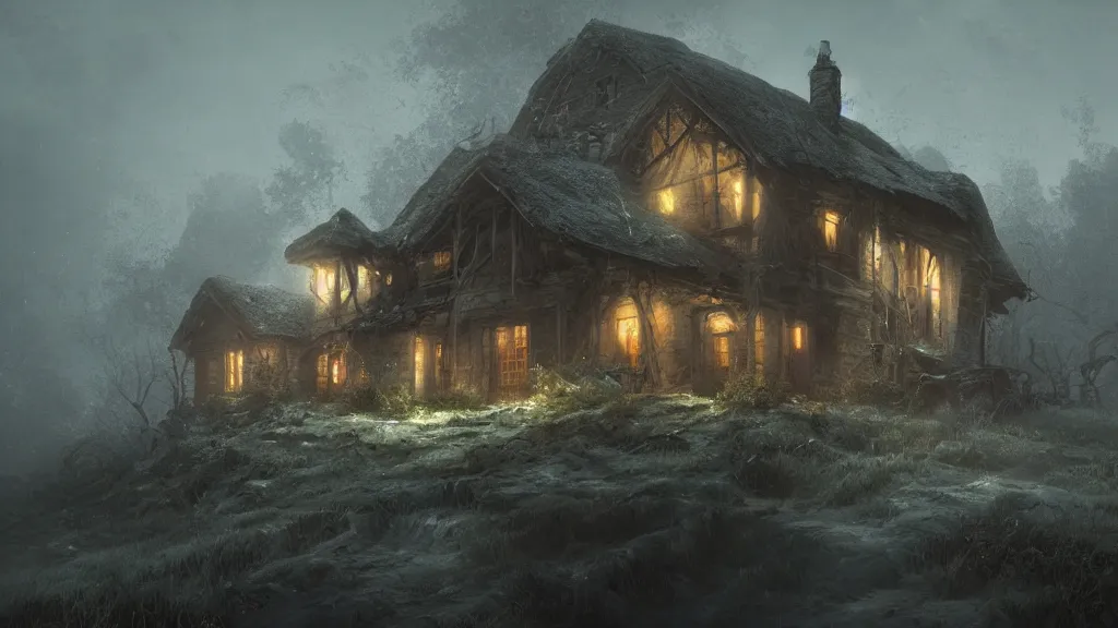 Image similar to A dark decrepit cottage on a hilltop at night, by Bastien LeCouffe-Deharme, hyperrealistic, Cryengine 8k UHD