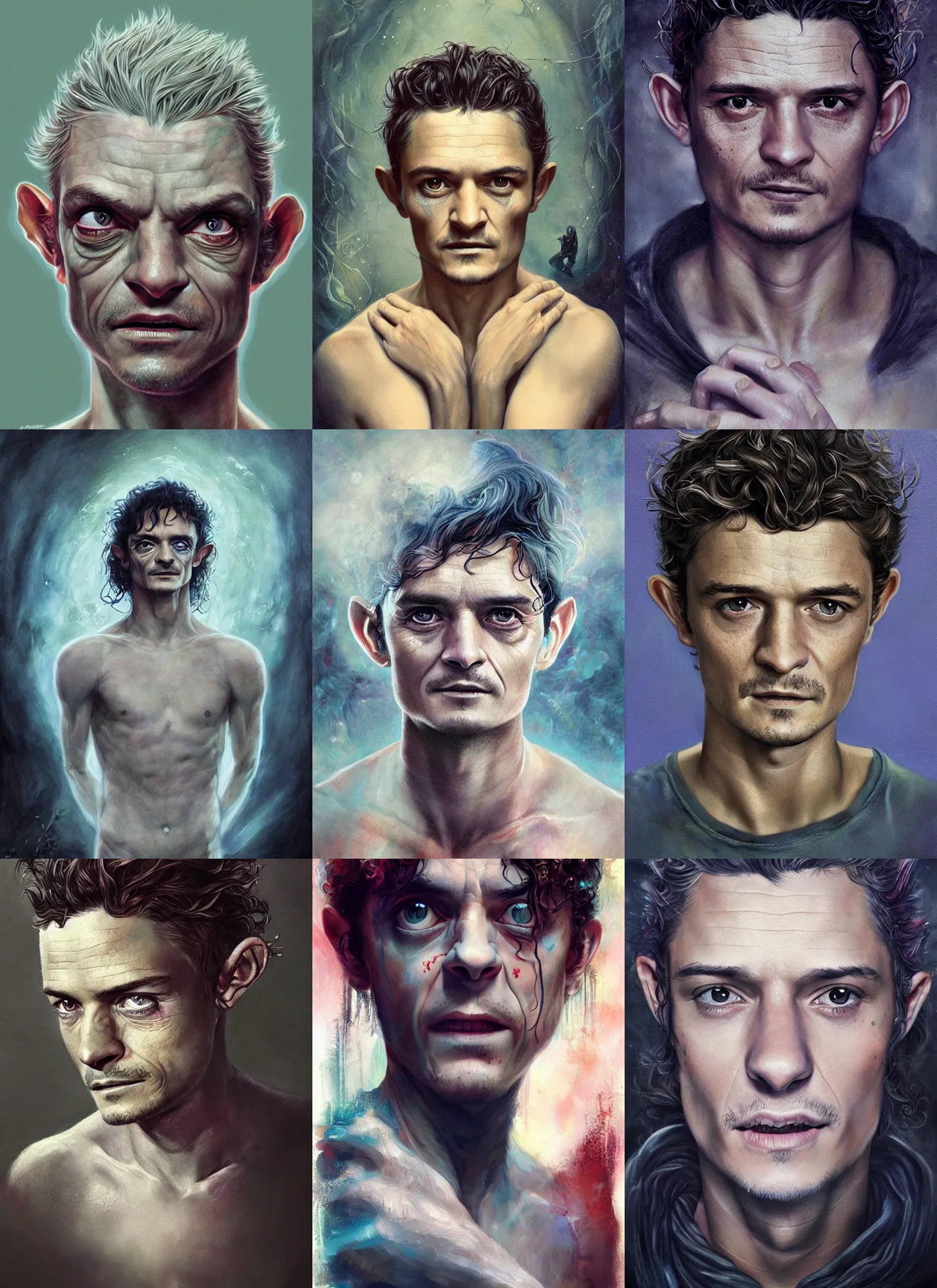 Prompt: portrait of orlando bloom as gollum, painting by anna dittmann,