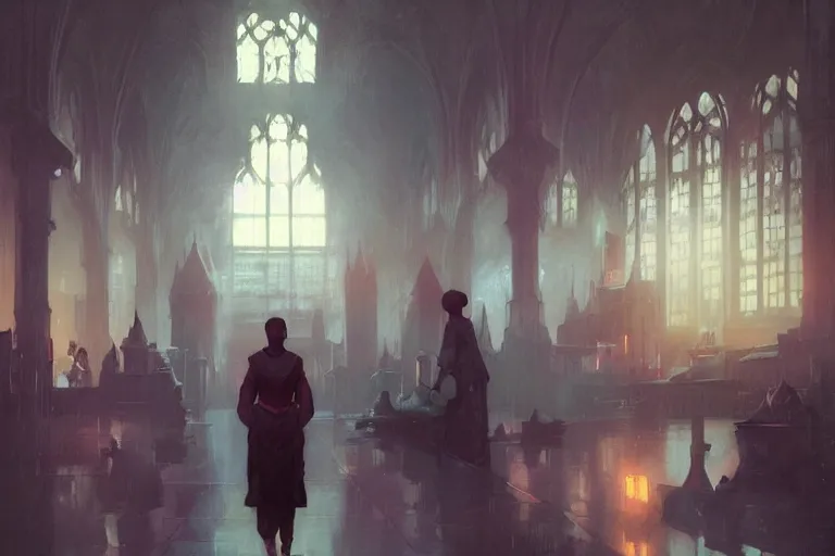 Image similar to Hogwarts, neon lighting, night city, digital art from artstation by Ruan Jia and Mandy Jurgens and Artgerm and william-adolphe bouguereau and Greg Rutkowski and Wayne Barlowe