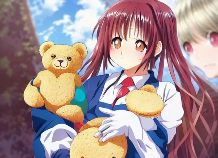 Image similar to An anime character holding a teddy bear and some cookies.. kadokawa light novel cover