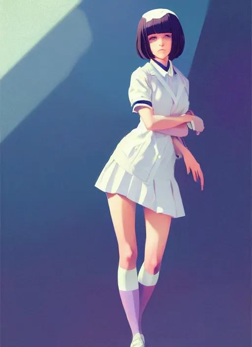 Prompt: full body beautiful and cute and aesthetic school girl greeting, very slightly smiling, wave a hand at the camera, perfect face, symmetric eyes, sharp focus, specular reflection, occlusion shadow, artstation, by ilya kuvshinov and jeremy lipking, light novel cover art, 3 d epic illustrations, symmetric body