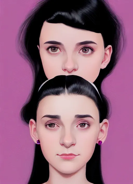 Image similar to portrait of teenage girl, narrow face, black hair, bangs, half updo hairstyle, pointy nose, skinny, smile, unattractive, defined jawline, big chin, pink hair bow, earrings, intricate, elegant, glowing lights, highly detailed, digital painting, artstation, sharp focus, illustration, art by wlop, mars ravelo and greg rutkowski