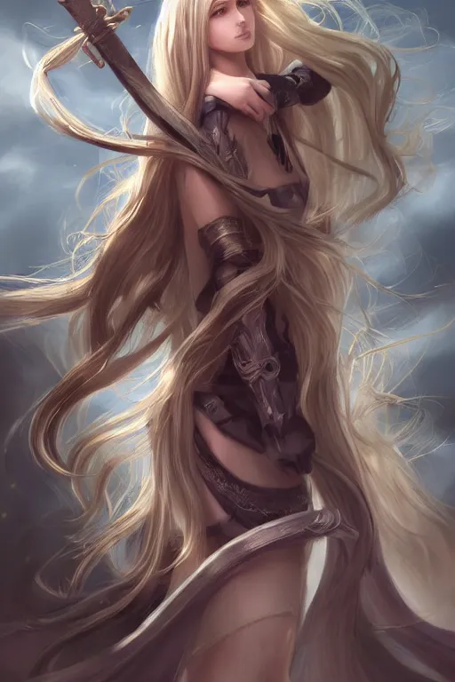 Image similar to A beautiful female cleric with long flowing hair by WLOP