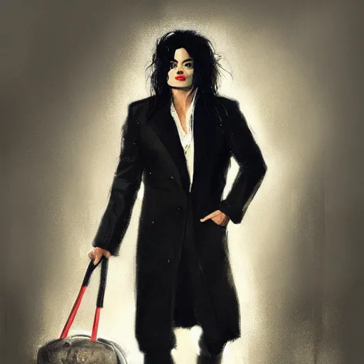 Image similar to a portrait of michael jackson wearing a long black coat & wearing a backpack, greg rutkowski