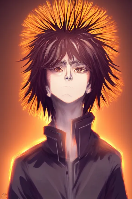 Image similar to amber glowing luminescent dandelion male anime character, symmetrical, highly detailed, digital art, sharp focus, trending on art station, amber eyes, autumnal colours