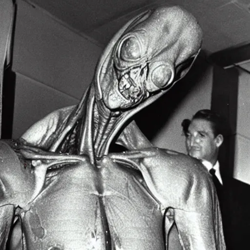 Image similar to photo of alien autopsy done by Ronald Reagan on the recovered Roswell aliens , psychedelic