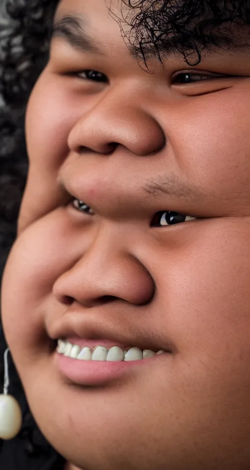 Image similar to close up photograph of a fat filipino teenage man smiling with crooked teeth, a curly perm, small studded earings, 4 k, photorealistic, high detail by annie leibovitz