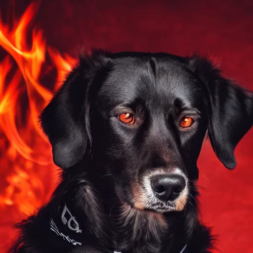 Image similar to ultra detailed photo of a dog with red flaming fur