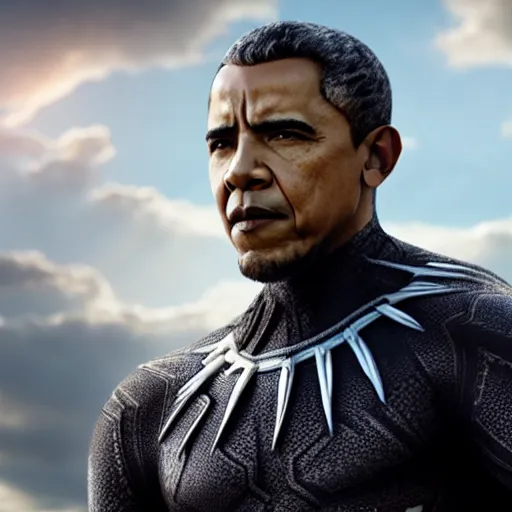 Image similar to Barack Obama cast as Black Panther, still from marvel movie, hyperrealistic, 8k, Octane Render,