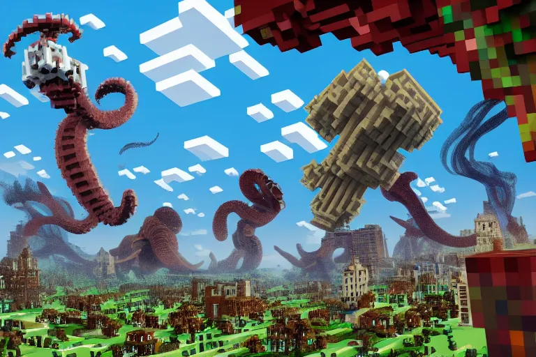 Image similar to giant squids battling in the sky, minecraft, artstation, highly detailed