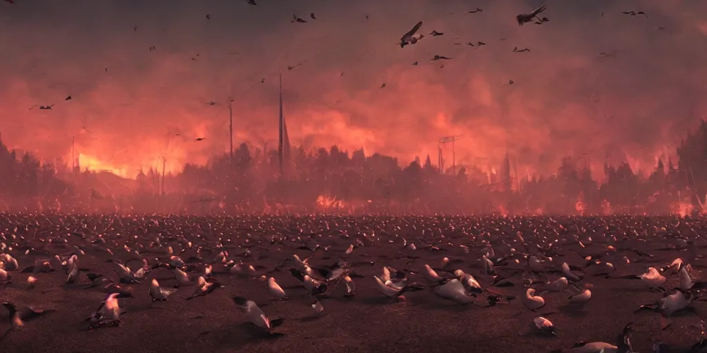 Prompt: realistic cinematic views of a orwellian propaganda festival with fires in the background and dead seagulls falling from the sky, hyper detailed, terror glows, hyper realistic, digital painting, 8 k, 3 5 mm film grain, octane render