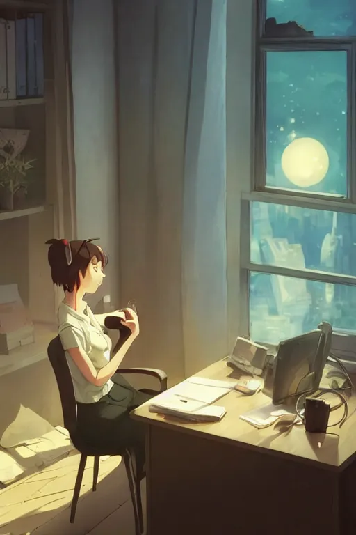 Image similar to beautiful scene render of a person sitting at a desk, looking at monitor, dimly lit bedroom, hot cocoa drink,, perfectly shaded, atmospheric lighting, style of makoto shinkai and peter mohrbacher, studio ghibli. artgerm, karol bak, beeple, animation style, 8 k hd, ultra wide angle, hyper detailed