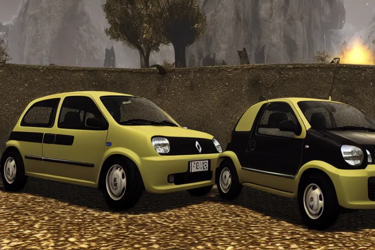 Prompt: screenshot of 1990's Renault twingo in skyrim, dark, moody, medieval