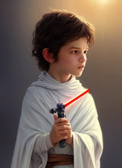 Image similar to perfectly - centered - portrait of a kid wearing white cloak holding light saber, intricate, highly detailed, digital painting, artstation, concept art, smooth, sharp focus, illustration, unreal engine 5, 8 k, art by artgerm and greg rutkowski and alphonse mucha