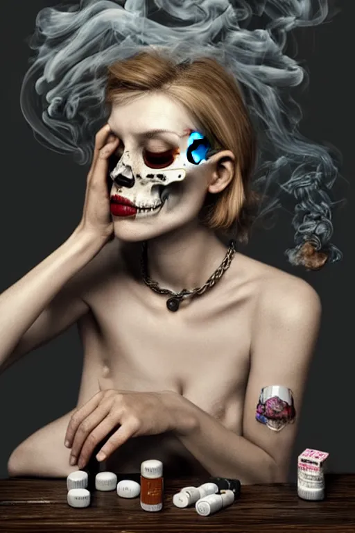 Prompt: beutifull and very tired woman. Woman is looking pile Off pills, drugs, cigarrette boxes and a skull on a wooden table, skull made out of smoke coming out of pills, fantasy, intricate, elegant, highly detailed, digital painting, artstation, concept art, addiction, chains, smooth, sharp focus, illustration, art by Ilja Repin