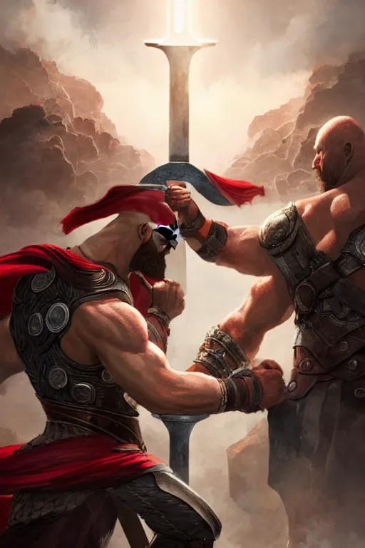 Image similar to kratos vs thor in valhalla, highly detailed, digital painting, artstation, concept art, smooth, sharp focus, illustration, unreal engine 5, 8 k, art by artgerm and greg rutkowski and edgar maxence