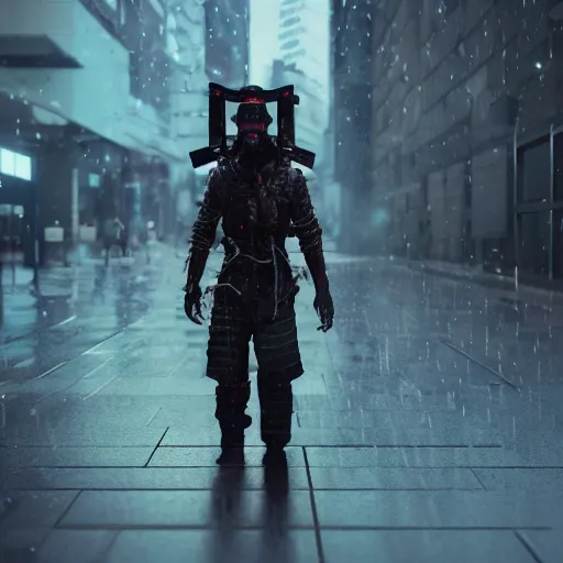 Image similar to cyberpunk samurai in a dytopian future, ultra realistic, fog, raytracing, reflections, rain, octane render