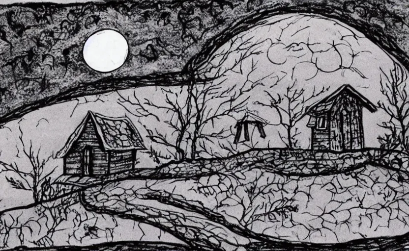 Image similar to a witch's cottage on a lonely hill against a giant moon, color ink on paper