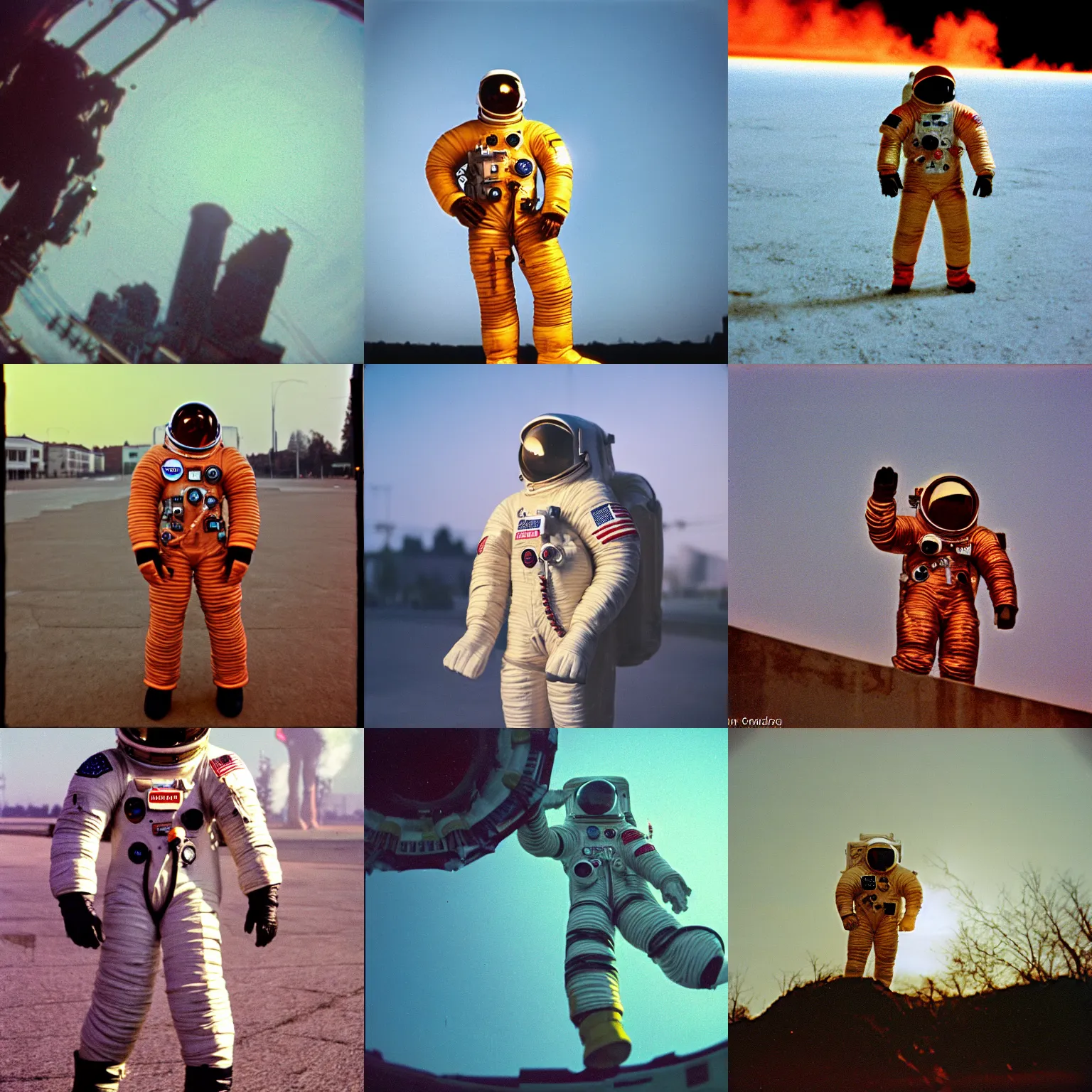 Prompt: shot on kodachrome, single subject, giant american spacesuit astronaut, in burning legnica, sunrise, by vhs camcoder