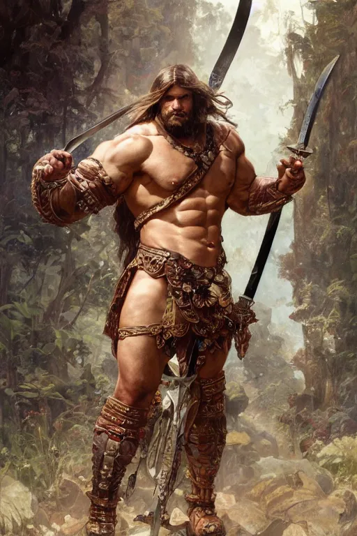 Image similar to full body image of muscular male barbarian holding sword in the air, intricate details, large sword, by Stanley Artgerm Lau, by greg rutkowski, by thomas kindkade, by alphonse mucha, loish, by norman rockwell J.