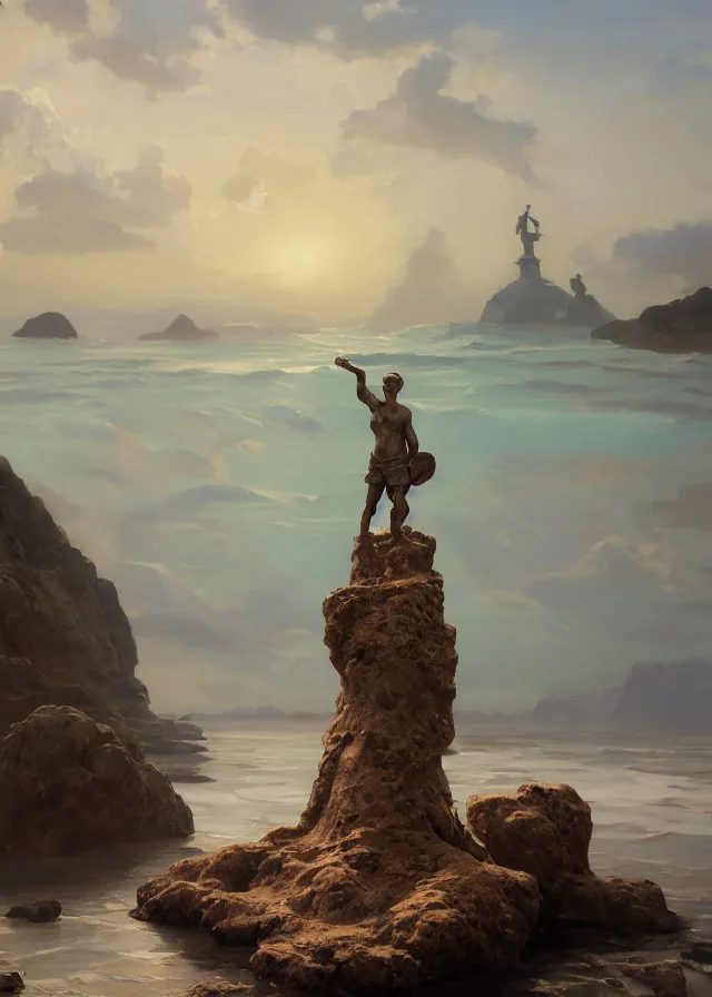 Prompt: statue of a hero in a tide pool in a secluded cove, extremely detailed oil painting, unreal 5 render, rhads, sargent and leyendecker, savrasov levitan polenov, bruce pennington, studio ghibli, tim hildebrandt, digital art, landscape painting, octane render, beautiful composition, trending on artstation, award winning photograph, masterpiece