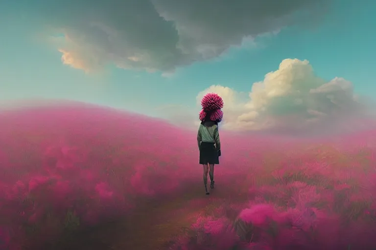 Image similar to giant dahlia flower crown head woman walking on mountain, surreal photography, pink storm clouds, dramatic light, impressionist painting, digital painting, artstation, simon stalenhag