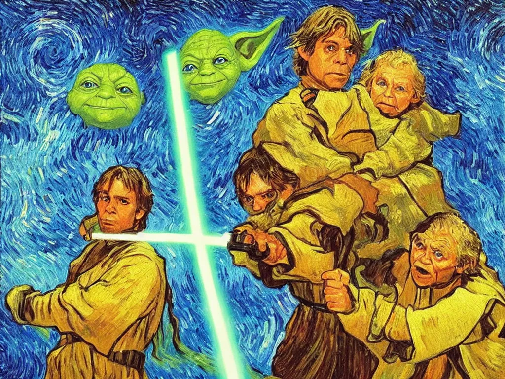 Prompt: bright beautiful oil painting of luke skywalker uses the force to lift yoda into the air, light scatter, van gogh