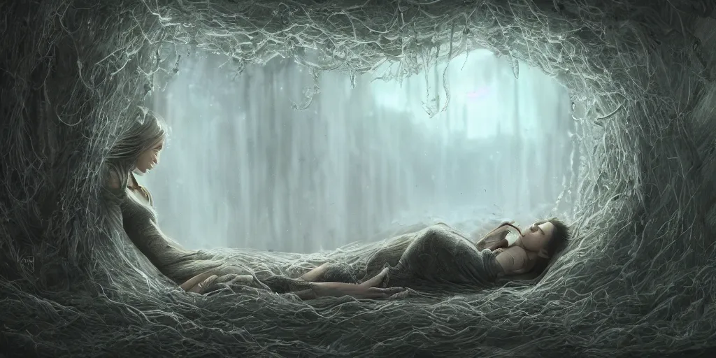 Prompt: a highly detailed matte painting of a woman being grown curled up inside a translucent plant pod, ominous, foreboding, moody, hyperdetailed, 8 k hd, concept art, artstation, deviantart, cg society,