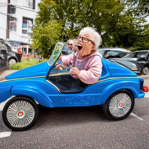 Image similar to elderly woman screaming at a toy car, canon eos r 3, f / 1. 4, iso 2 0 0, 1 / 1 6 0 s, 8 k, raw, unedited, symmetrical balance, wide angle