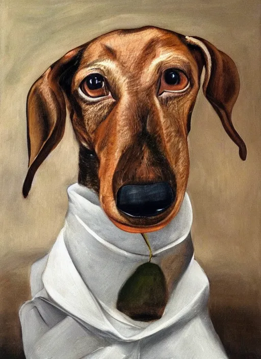 Image similar to Old dachshund, painted by Lucian Freud, very detailed, 8k