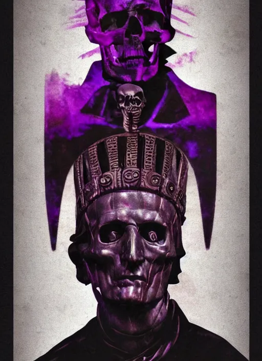 Image similar to elegant dark design poster showing a statue of julius caesar with a skull, black background with very subtle red and purple design elements, bold, powerful, nekro, vito acconci, thin straight purple lines, dark, glitch art, neo vaporwave, gritty, layout frame, square, trending on artstation