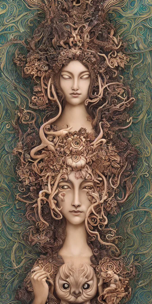 Image similar to a sculpture of mythical creatures by hannah yata, elegant and beautiful female face with her third eye open, carved in wood and stone, intricate, elegant, highly detailed, digital painting by audrey kawasaki, artstation, concept art, ambient occlusion, vray render,