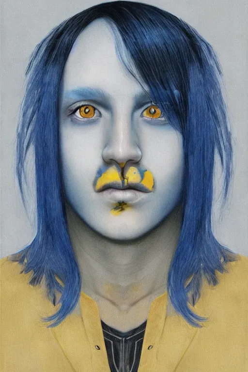 Image similar to a boy with long blue hair and yellow eyes, hyperrealistic, symmetrical, face portait, high coherence