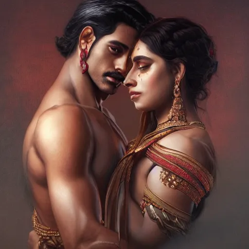 Prompt: portrait painting of dark muscular indian royal couple hugging, ultra realistic, concept art, intricate details, eerie, highly detailed, photorealistic, octane render, 8 k, unreal engine. art by artgerm and greg rutkowski and alphonse mucha