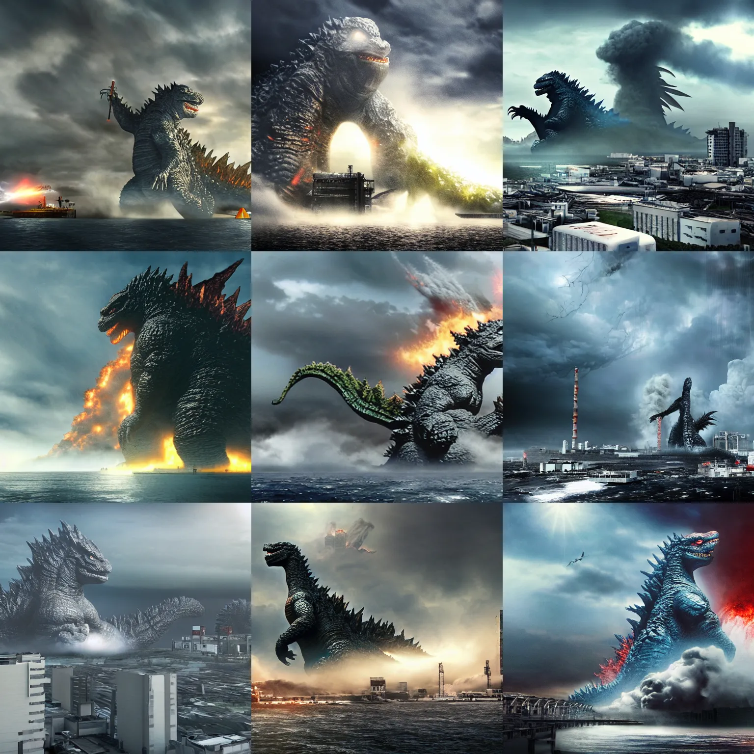 Prompt: godzilla attacking fukushima daiichi unit 4 after tsunami, dramatic lighting, vray