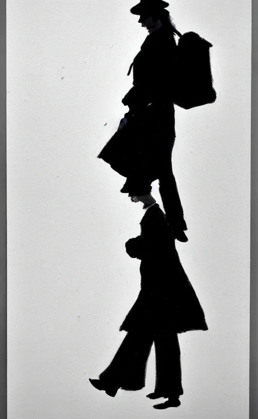 Image similar to symmetry!! black and white silhouette drawing of a person walking, white background by stanhope forbes