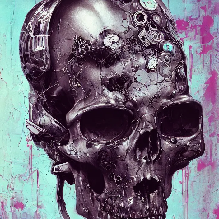 Image similar to a beautiful painting of a cyberpunk skull by pascal blanche and julian calle and nekro. in style of colorful comic noir illustration, symmetry, sci fi, hyper detailed. octane render. trending on artstation