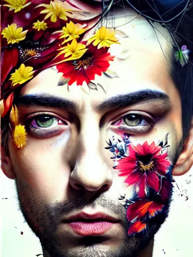 Image similar to portrait of a man, with a floral background painted by artgerm, karol bak, artur bordalo, sandra chevrier : : portrait, character, illustration, hyperrealism