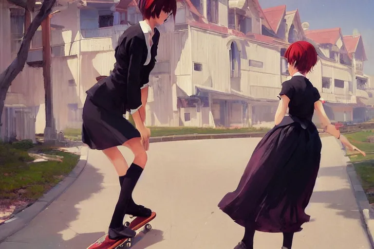 Image similar to A ultradetailed beautiful panting of a stylish woman in a maid outfit skateboarding, Oil painting, by Ilya Kuvshinov, Greg Rutkowski and Makoto Shinkai