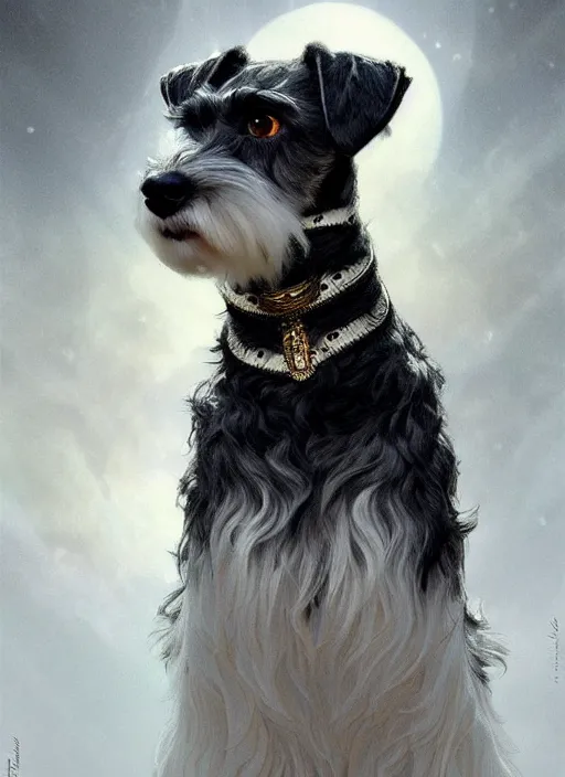 Image similar to portrait of stoic looking miniature schnauzer, black fir, white eyebrows, fantasy, intricate, elegant, highly detailed, digital painting, artstation, concept art, smooth, sharp focus, illustration, art by artgerm and greg rutkowski and alphonse mucha