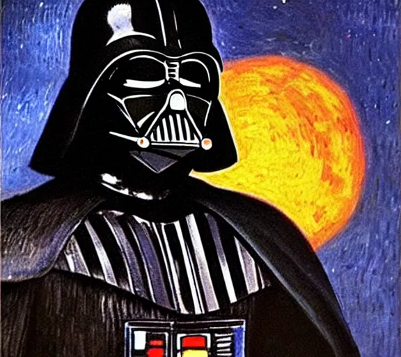 Prompt: beautiful oil painting of Darth Vader by Vincent van Gogh; extraordinary masterpiece!!!!; realistic-lighting